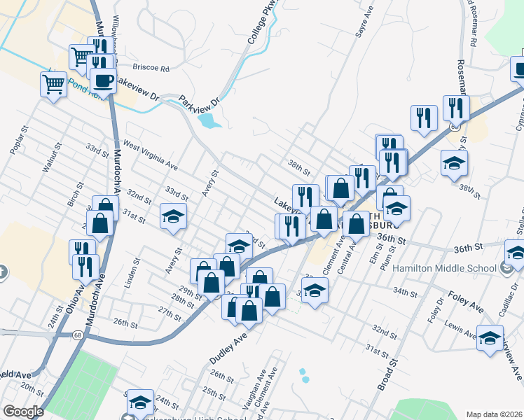map of restaurants, bars, coffee shops, grocery stores, and more near 1114-1200 West Virginia Avenue in Parkersburg
