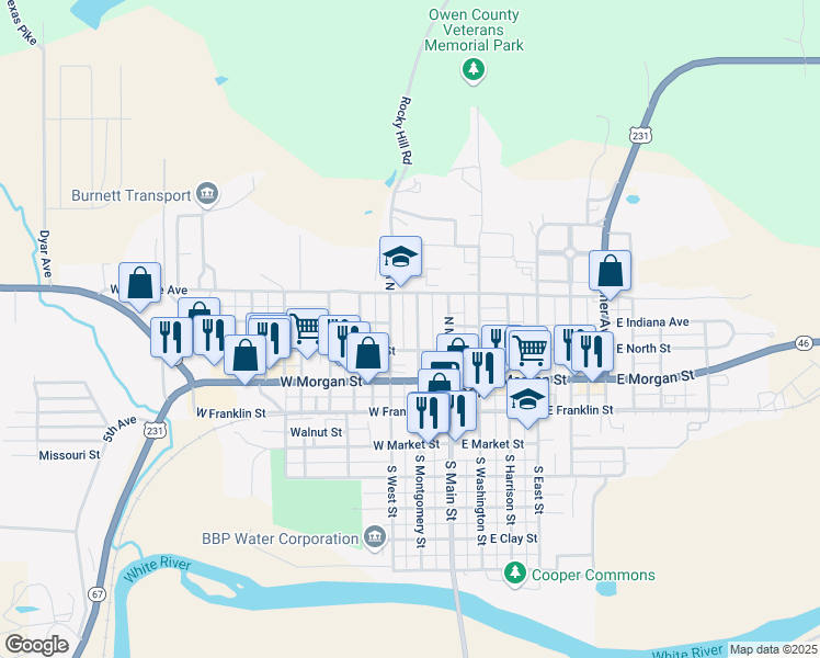 map of restaurants, bars, coffee shops, grocery stores, and more near 151 West North Street in Spencer