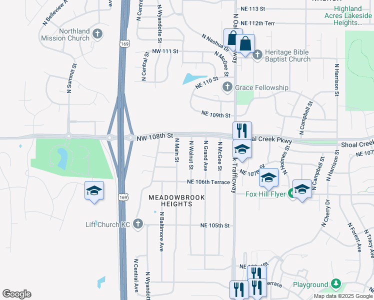 map of restaurants, bars, coffee shops, grocery stores, and more near 10706 North Walnut Street in Kansas City