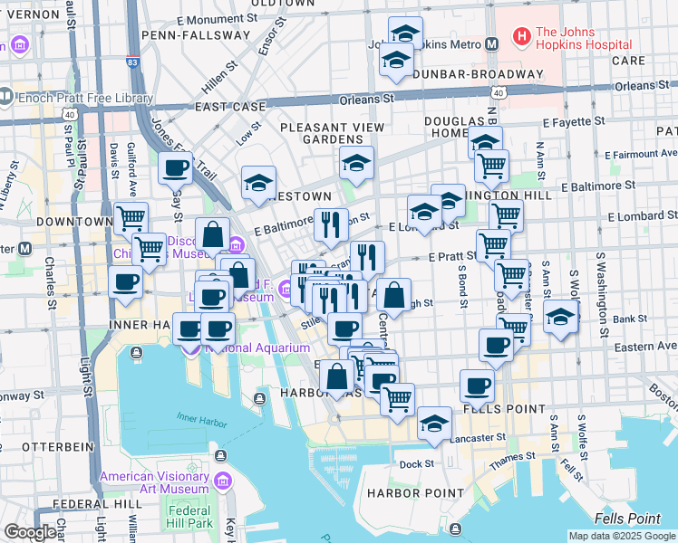 map of restaurants, bars, coffee shops, grocery stores, and more near 1009 Granby Street in Baltimore