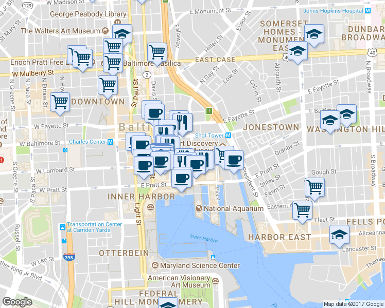 map of restaurants, bars, coffee shops, grocery stores, and more near Water St & S Gay St in Baltimore