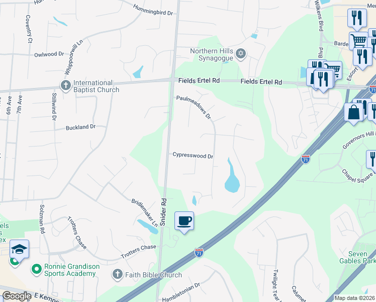 map of restaurants, bars, coffee shops, grocery stores, and more near 8338 Cypresswood Drive in Cincinnati