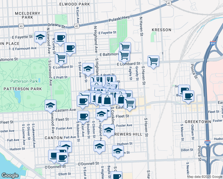 map of restaurants, bars, coffee shops, grocery stores, and more near S Conkling St & Gough St in Baltimore