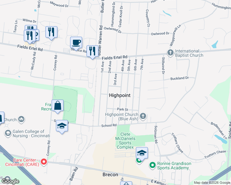map of restaurants, bars, coffee shops, grocery stores, and more near in Highpoint
