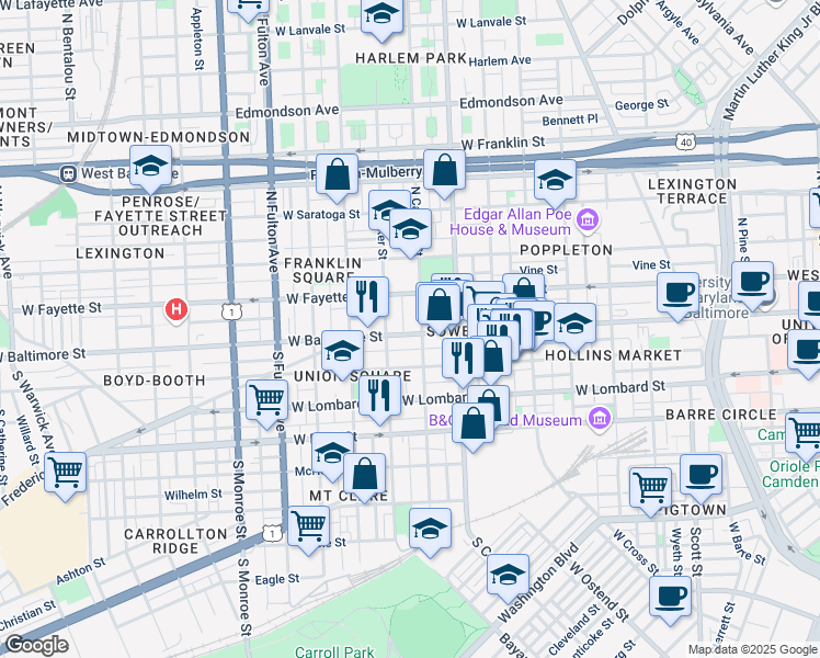 map of restaurants, bars, coffee shops, grocery stores, and more near 1412 West Baltimore Street in Baltimore