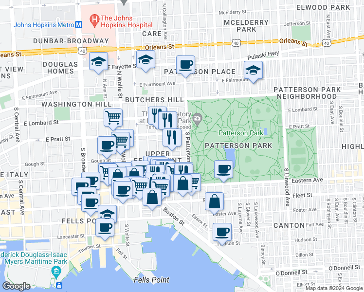map of restaurants, bars, coffee shops, grocery stores, and more near 227 South Madeira Street in Baltimore