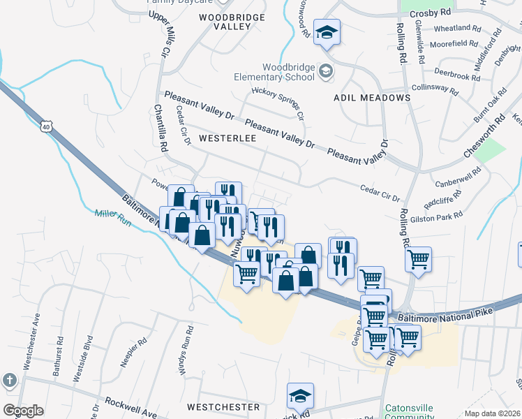map of restaurants, bars, coffee shops, grocery stores, and more near 1100 Lisadale Circle in Baltimore