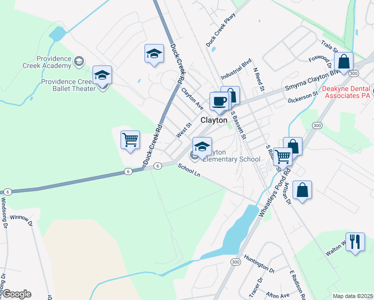 map of restaurants, bars, coffee shops, grocery stores, and more near 510 Main Street in Clayton