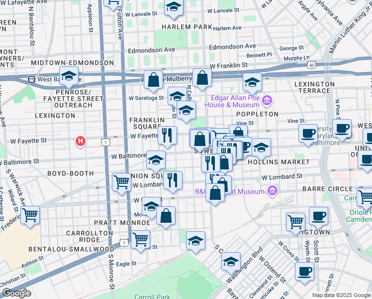 map of restaurants, bars, coffee shops, grocery stores, and more near 1412 West Baltimore Street in Baltimore