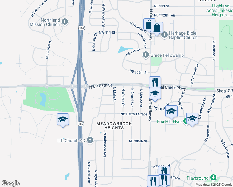 map of restaurants, bars, coffee shops, grocery stores, and more near 10706 North Walnut Street in Kansas City