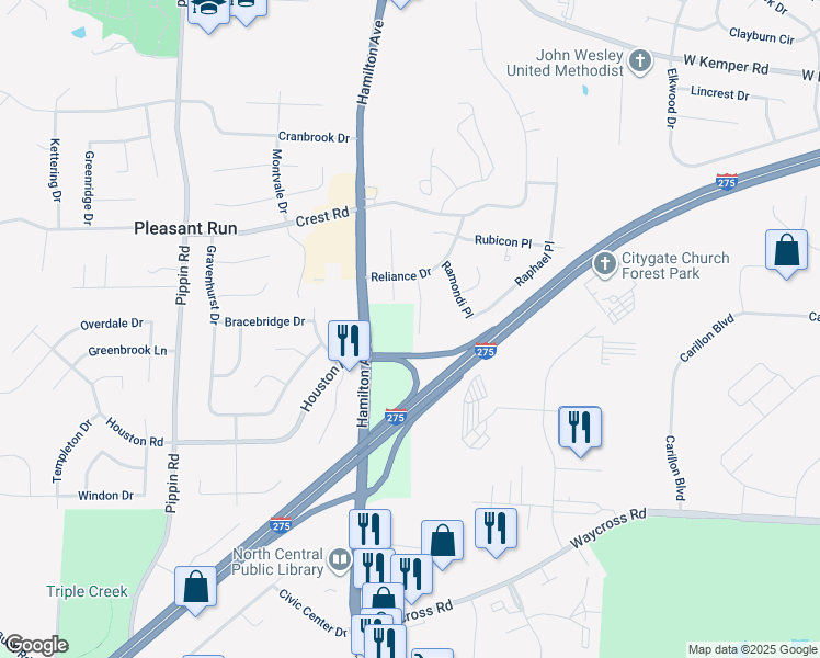map of restaurants, bars, coffee shops, grocery stores, and more near 11423 Riga Court in Cincinnati