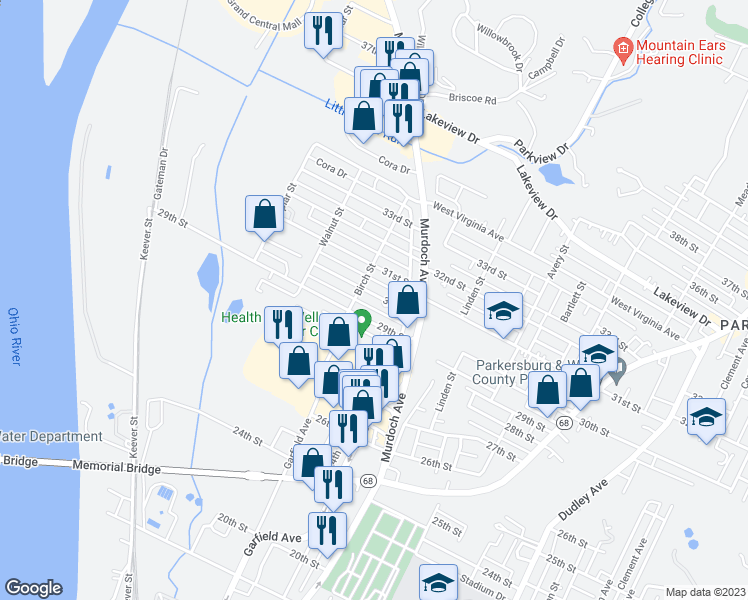 map of restaurants, bars, coffee shops, grocery stores, and more near 708 30th Street in Parkersburg