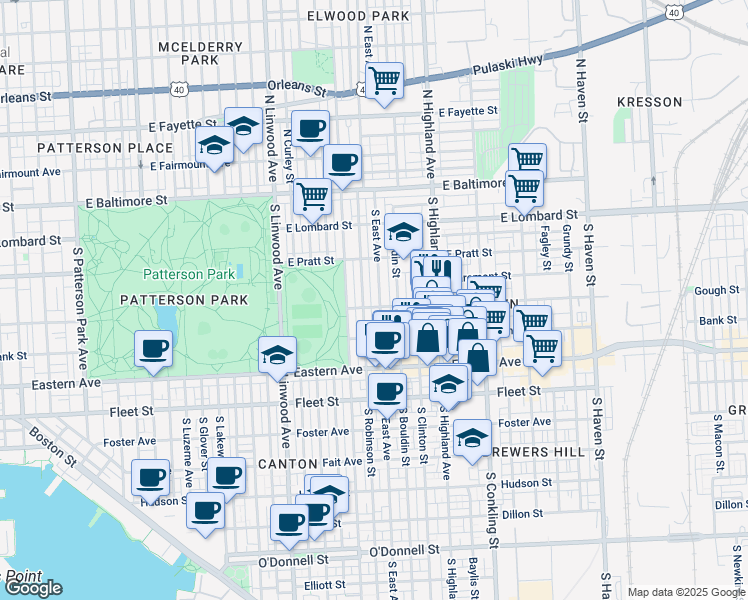 map of restaurants, bars, coffee shops, grocery stores, and more near 268 South East Avenue in Baltimore