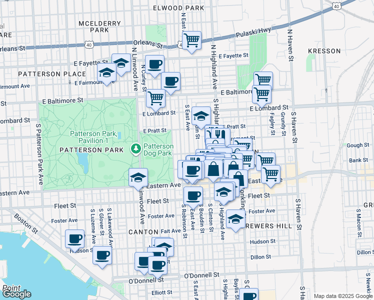 map of restaurants, bars, coffee shops, grocery stores, and more near 268 South East Avenue in Baltimore