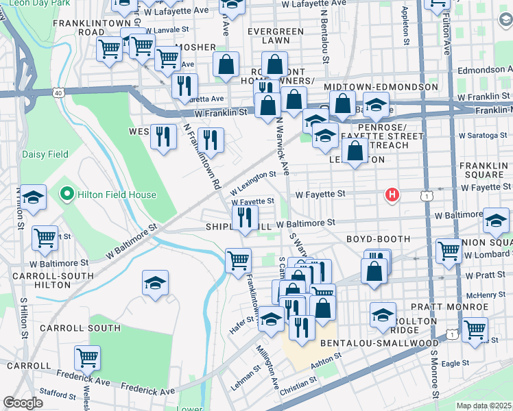 map of restaurants, bars, coffee shops, grocery stores, and more near 2541 West Fayette Street in Baltimore