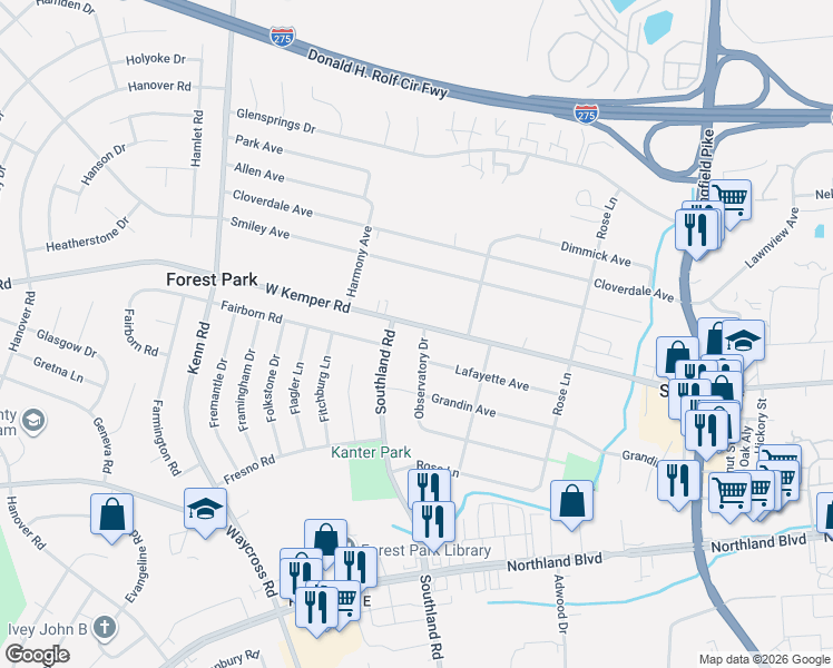 map of restaurants, bars, coffee shops, grocery stores, and more near 591 Observatory Drive in Cincinnati