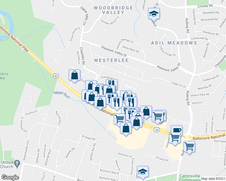 map of restaurants, bars, coffee shops, grocery stores, and more near 1121 Dlong Road in Catonsville