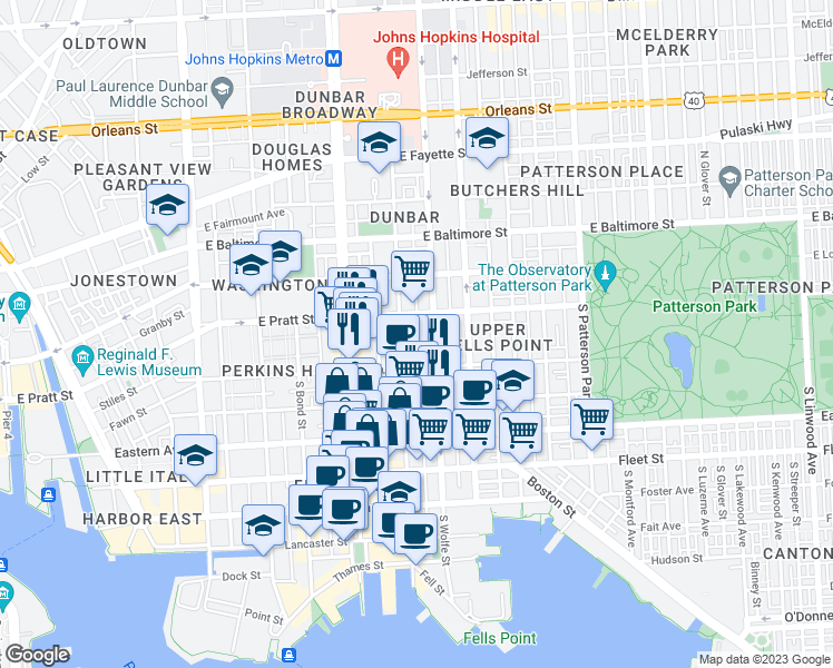 map of restaurants, bars, coffee shops, grocery stores, and more near 222 South Durham Street in Baltimore