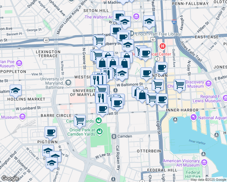 map of restaurants, bars, coffee shops, grocery stores, and more near 10 South Howard Street in Baltimore