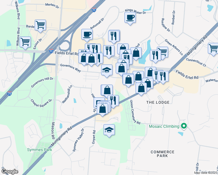 map of restaurants, bars, coffee shops, grocery stores, and more near 9108 Dominion Circle in Cincinnati