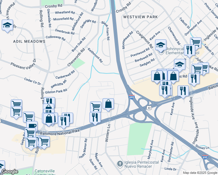 map of restaurants, bars, coffee shops, grocery stores, and more near 67 Walden Mill Way in Catonsville