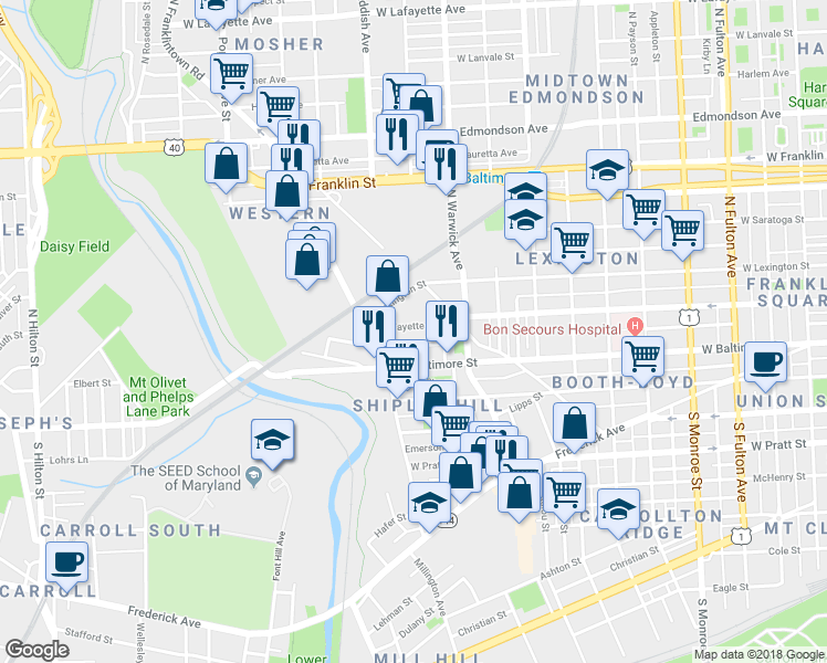 map of restaurants, bars, coffee shops, grocery stores, and more near 2541 West Fayette Street in Baltimore