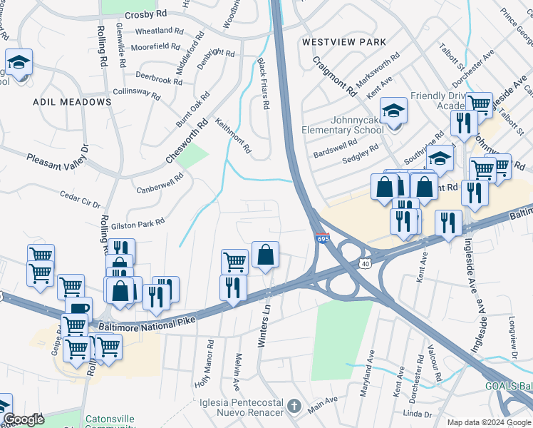 map of restaurants, bars, coffee shops, grocery stores, and more near 67 Walden Mill Way in Catonsville