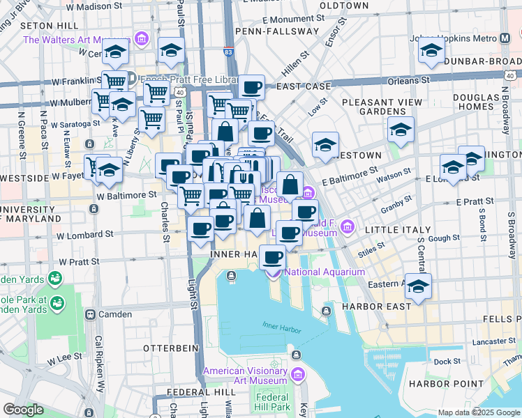 map of restaurants, bars, coffee shops, grocery stores, and more near 414 Water Street in Baltimore