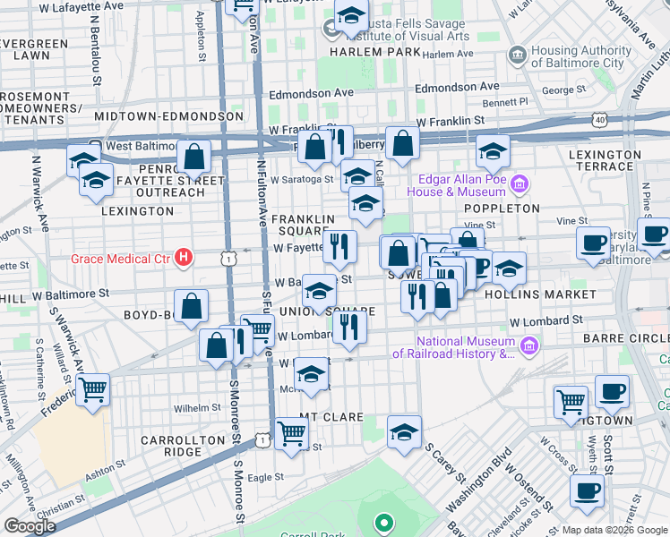 map of restaurants, bars, coffee shops, grocery stores, and more near 1601 West Fayette Street in Baltimore