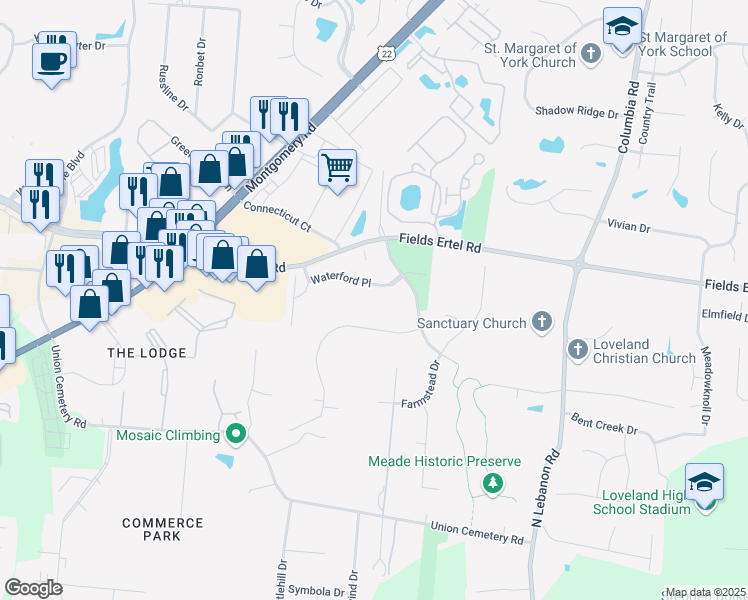 map of restaurants, bars, coffee shops, grocery stores, and more near 9644 Waterford Place in Loveland