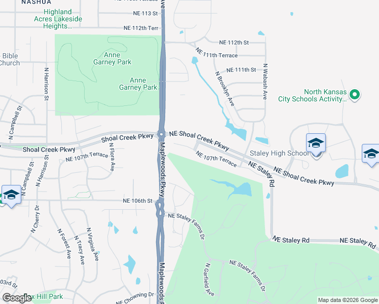 map of restaurants, bars, coffee shops, grocery stores, and more near 2102 Northeast 107th Terrace in Kansas City