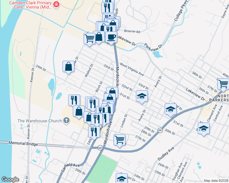 map of restaurants, bars, coffee shops, grocery stores, and more near 3127-3159 Murdoch Avenue in Parkersburg