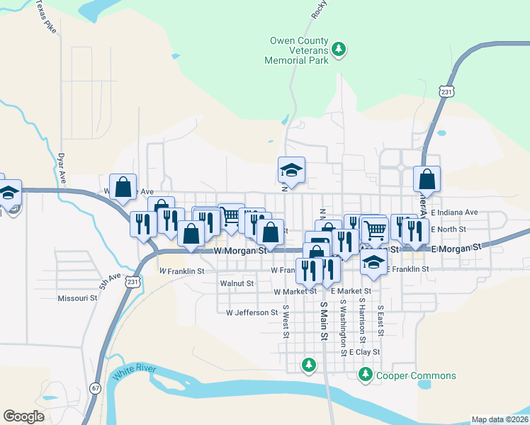 map of restaurants, bars, coffee shops, grocery stores, and more near 300 North Middle Street in Spencer
