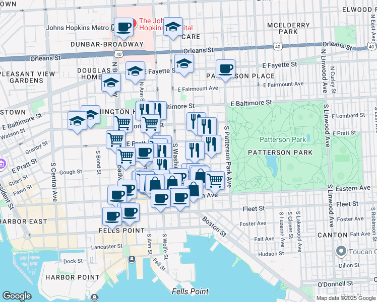 map of restaurants, bars, coffee shops, grocery stores, and more near 217 South Castle Street in Baltimore