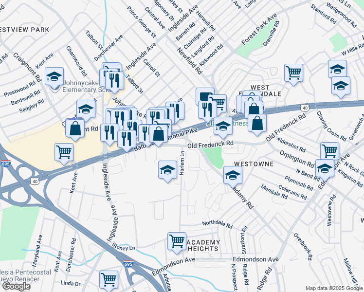 map of restaurants, bars, coffee shops, grocery stores, and more near 499 Harlem Lane in Catonsville