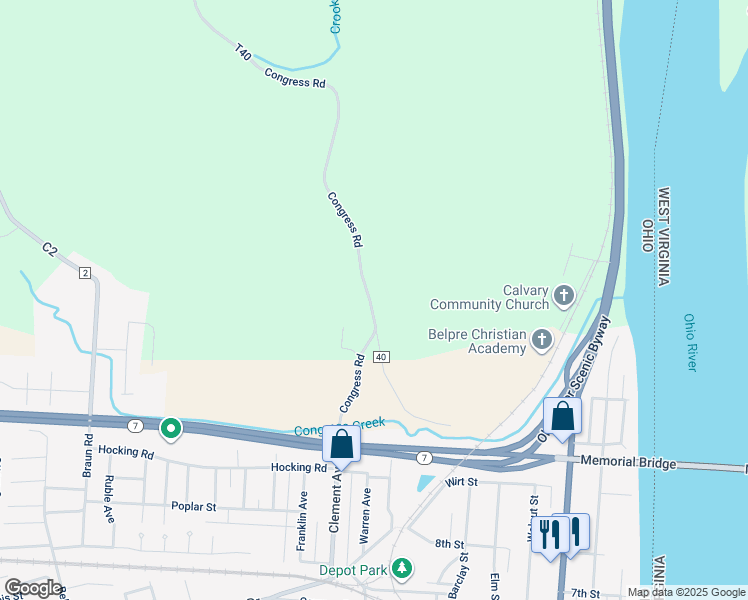map of restaurants, bars, coffee shops, grocery stores, and more near 472 Congress Road in Belpre
