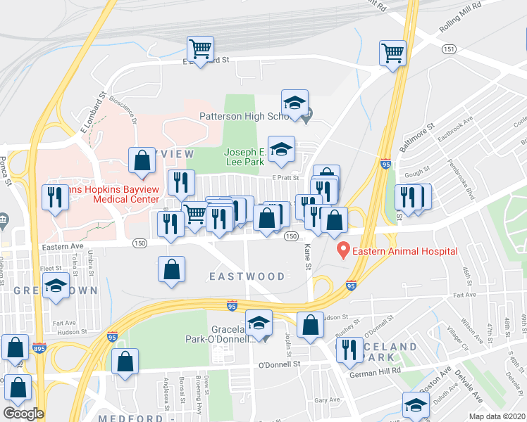 map of restaurants, bars, coffee shops, grocery stores, and more near 409 Hornel Street in Baltimore