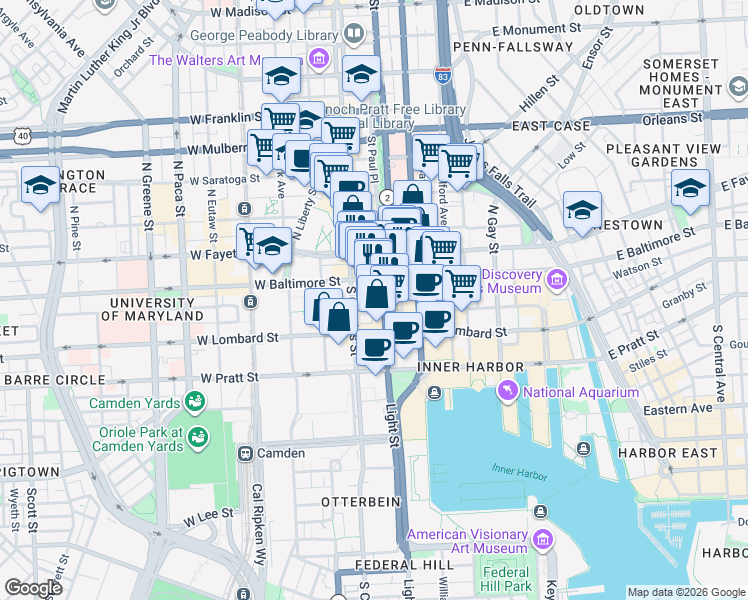 map of restaurants, bars, coffee shops, grocery stores, and more near 10 Light Street in Baltimore
