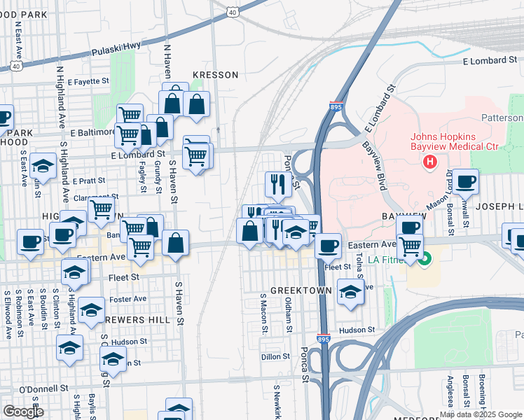 map of restaurants, bars, coffee shops, grocery stores, and more near 303 South Macon Street in Baltimore