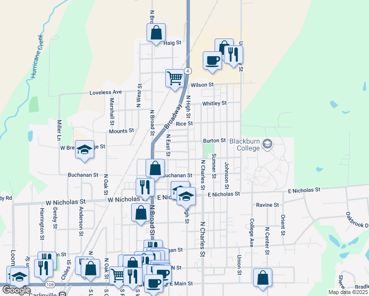 map of restaurants, bars, coffee shops, grocery stores, and more near 907 North High Street in Carlinville