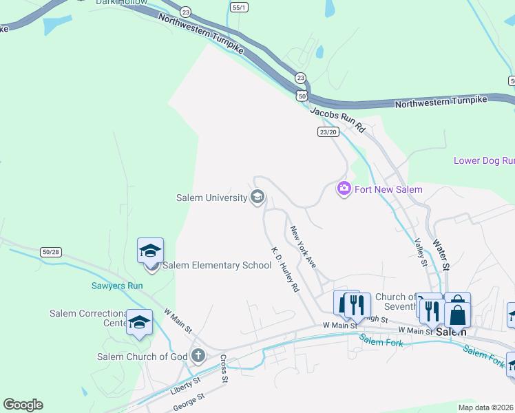 map of restaurants, bars, coffee shops, grocery stores, and more near 223 West Main Street in Salem