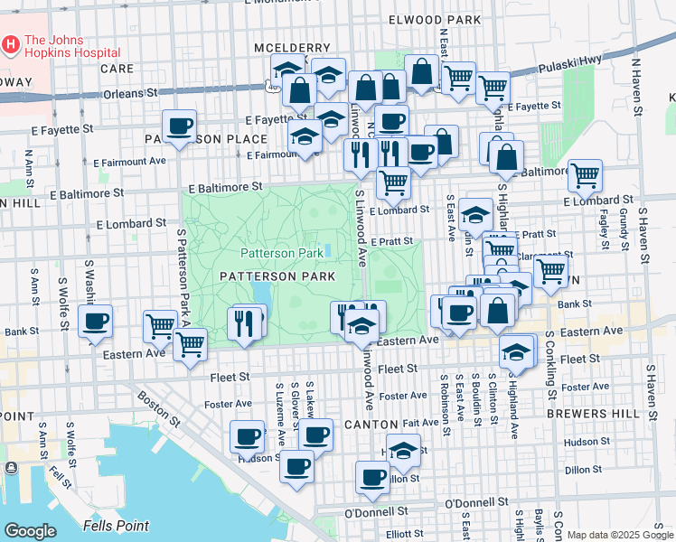 map of restaurants, bars, coffee shops, grocery stores, and more near 200 South Linwood Avenue in Baltimore