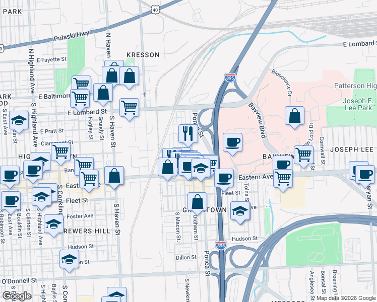 map of restaurants, bars, coffee shops, grocery stores, and more near 302 Oldham Street in Baltimore