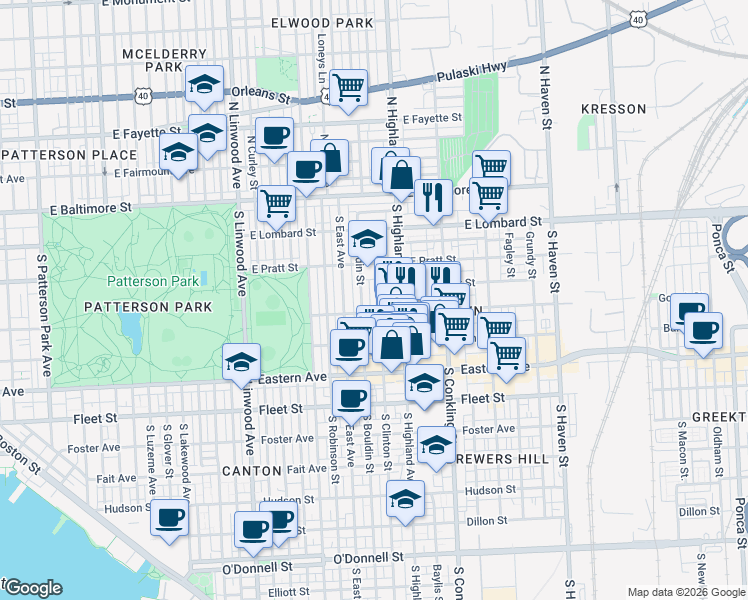 map of restaurants, bars, coffee shops, grocery stores, and more near 236 South Clinton Street in Baltimore