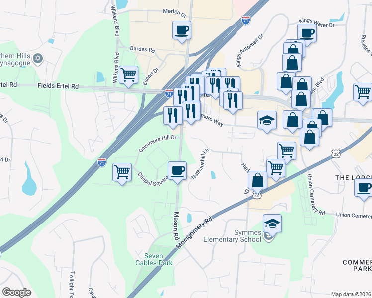 map of restaurants, bars, coffee shops, grocery stores, and more near 8925 Cypresspoint Lane in Cincinnati