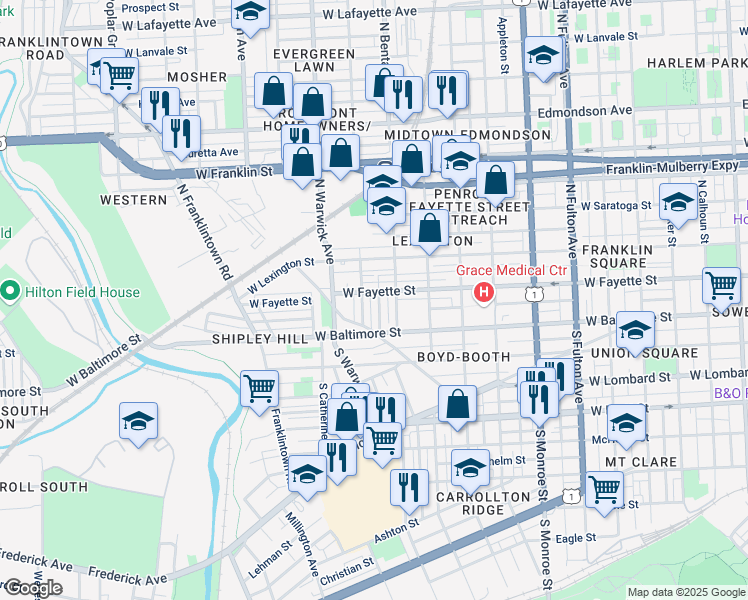 map of restaurants, bars, coffee shops, grocery stores, and more near 58 North Gorman Avenue in Baltimore