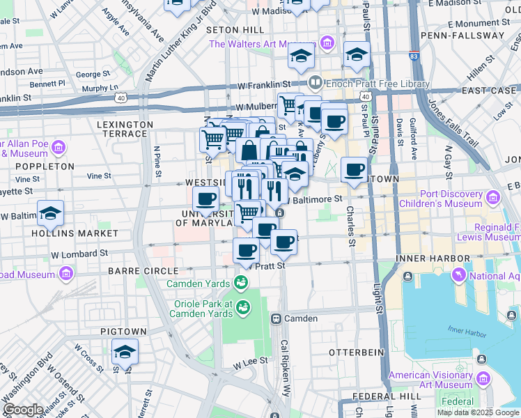 map of restaurants, bars, coffee shops, grocery stores, and more near 1 South Eutaw Street in Baltimore