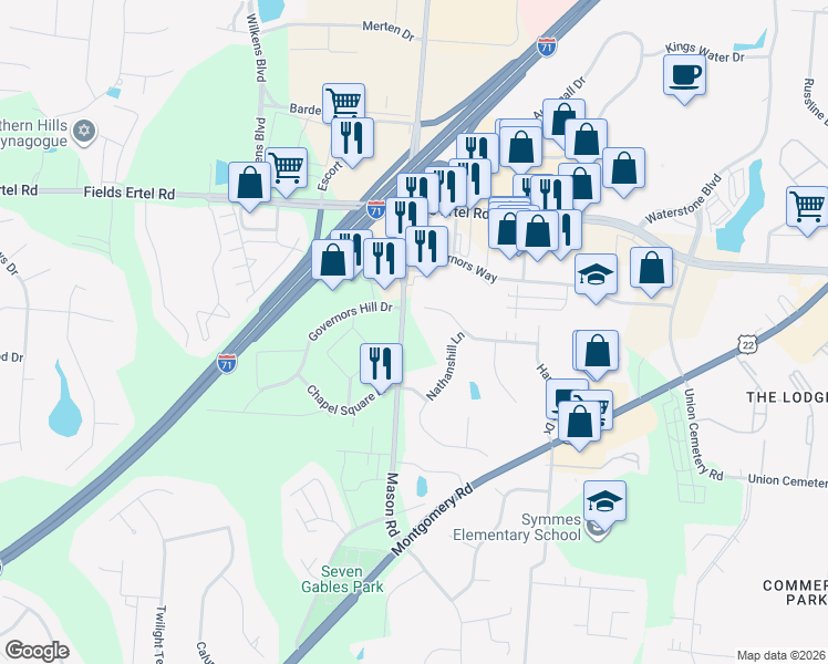map of restaurants, bars, coffee shops, grocery stores, and more near 8925 Cypresspoint Lane in Cincinnati