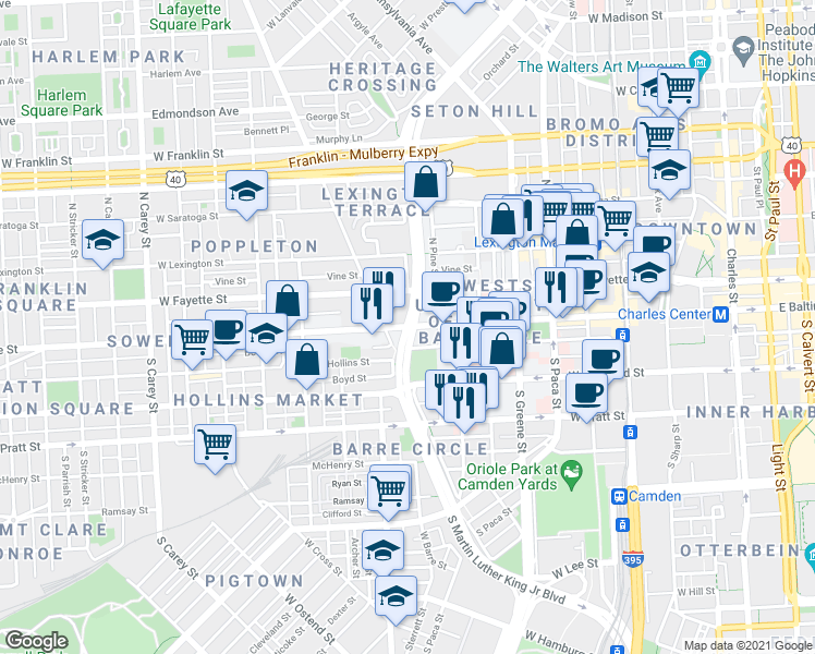 map of restaurants, bars, coffee shops, grocery stores, and more near N Martin Luther King Jr Blvd & W Baltimore St in Baltimore