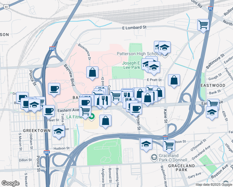map of restaurants, bars, coffee shops, grocery stores, and more near Bank St & Drew St in Baltimore